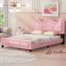 Full Size Low Profile Bed with Cartoon Dog Ears Shaped Headboard, Pink Upholstered Platform Panel Bed Frame Wood Slat Support