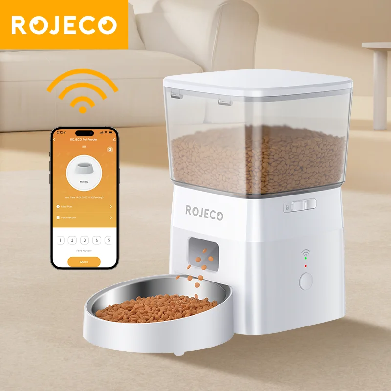 ROJECO 2L Automatischer WIFI-Katzenfutterspender, intelligenter Tierfutterspender für Trockenfutter, Hunde, Kibble-Spender mit Fernbedienungszubehör Image