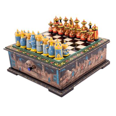Green Days in Bukhara,'Green Floral Walnut Wood Chess Set with Desert Scene'