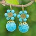 Cyan Bloom,'Magnesite Beaded Floral Dangle Earrings with Brass Spirals'