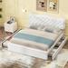 Queen Size Linen Upholstered Platform Bed with Storage Drawers and Trundle, Button & Nailhead Trim Headboard Design