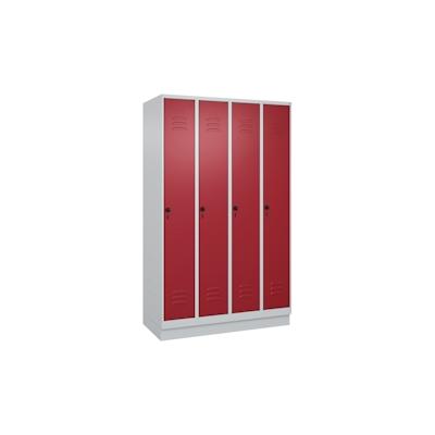 C+P Spind Classic PLUS, Sockel, 4 Abteile, HxBxT 195x120x50cm, Sicherheitsdrehriegel, Hellgrau/Rubinrot von PROREGAL Image