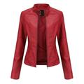 Zpanxa Winter Jackets for Women Slim Leather Jackets Stand-Up Collar Zipper Motorcycle Biker Coat Stitching Solid Color Coat Outwear Red S