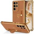Samsung Galaxy S21 Ultra Case Galaxy S21 Ultra Phone Case Love Heart Cute Case with Wristband Kickstand Holder Soft TPU Plating Bumper Protective Galaxy S21 Ultra Case for Girls Women Brown