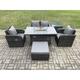 Fimous Rattan Outdoor Garden Furniture Set Gas Fire Pit Dining Table with Side Table Chair Love seat Sofa Footstool