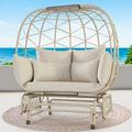 NICESOUL Double Wicker Rocking Egg Chair Indoor Outdoor Oversized Egg Basket Lounge Chair for 2 Persons with Legs Patio Egg Chair with Thick Cushions 500lbs Egg Shaped Loveseat Bedroom(Beige)