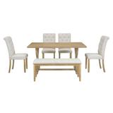 6 Pieces Dining Set Rectangular Dinning Table With 4 Upholstered Chairs & Bench Sturdy Wood Structure Ergonomic Design Farmhouse Style Table Chair Set for 6 Persons For Dining Room Kitchen