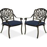 MEETWARM 2 Piece Patio Dining Chairs with Cushions Outdoor All-Weather Cast Aluminum Chairs Patio Bistro Dining Chair Set of 2 for Garden Deck Backyard Navy Blue
