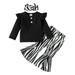 Fall Baby Girl Outfits Baby Long Ruffled Sleeve Solid Ribbed Tops Striped Print Trousers Flares Pants With Headbands Outfit Set Clothes 3Pcs Baby Boy Fall Outfits Black 9 Months-12 Months
