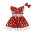 Girls Two Piece Outfits Christmas Lace Patchwork Dress and Headband