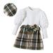 Girls Fall Outfits Baby Long Sleeve Puff Sleeve Ribbed T Shirt Tops Button Plaid Flannel Skirts With Hat 3Pcs Princess Outfits Clothes Set Baby Clothing Green 5 Years-6 Years