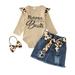 Qiyuancai Toddler Outfits Winter Girls Winter Long Sleeve Leopard Print Ribbed Romper Bodysuit Denim Skirt Belt Headband 4Pcs Child Clothes Set