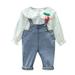 Toddler Fall Outfits Baby Long Ruffled Sleeve Cherry Floral Print Blouse Tops Solid Overalls Suspender Pants Outfits Set 2Pcs Clothes Boy Outfits Light Blue 6 Months-12 Months