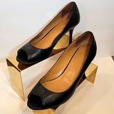 Coach Shoes | Coach Open Toe Kitten Heel Pumps Size 9 Pre Loved, Black Leather | Color: Black | Size: 9