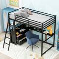 Harriet Bee Full Size Loft Bed w/ Desk & Shelves, Two Built-In Drawers, White Metal in Gray/Black | 66 H x 50 W x 77 D in | Wayfair