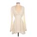 The Jetset Diaries Casual Dress - Mini Plunge Long sleeves: Ivory Solid Dresses - Women's Size Small