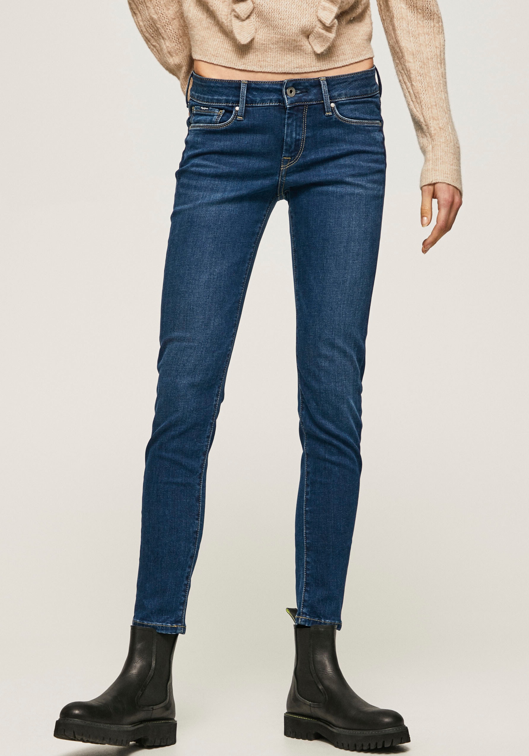 Skinny-fit-Jeans PEPE JEANS "SOHO", Damen, Gr. 27, Länge 28, blau (schwarz used worn), Denim/Jeans, Obermaterial: 84% Baumwolle, 14% Polyester, 2% Elasthan, skinny fit lang, Jeans, im 5-Pocket-Stil mit 1-Knopf Bund und Stretch-Anteil