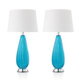 Wrought Studio™ 28 in. Blue Ribbed Glass & Chrome Base Indoor Table Lamp Set w/ Fabric Shade Set of 2 Glass/Metal/Fabric in Black/Blue/White | Wayfair