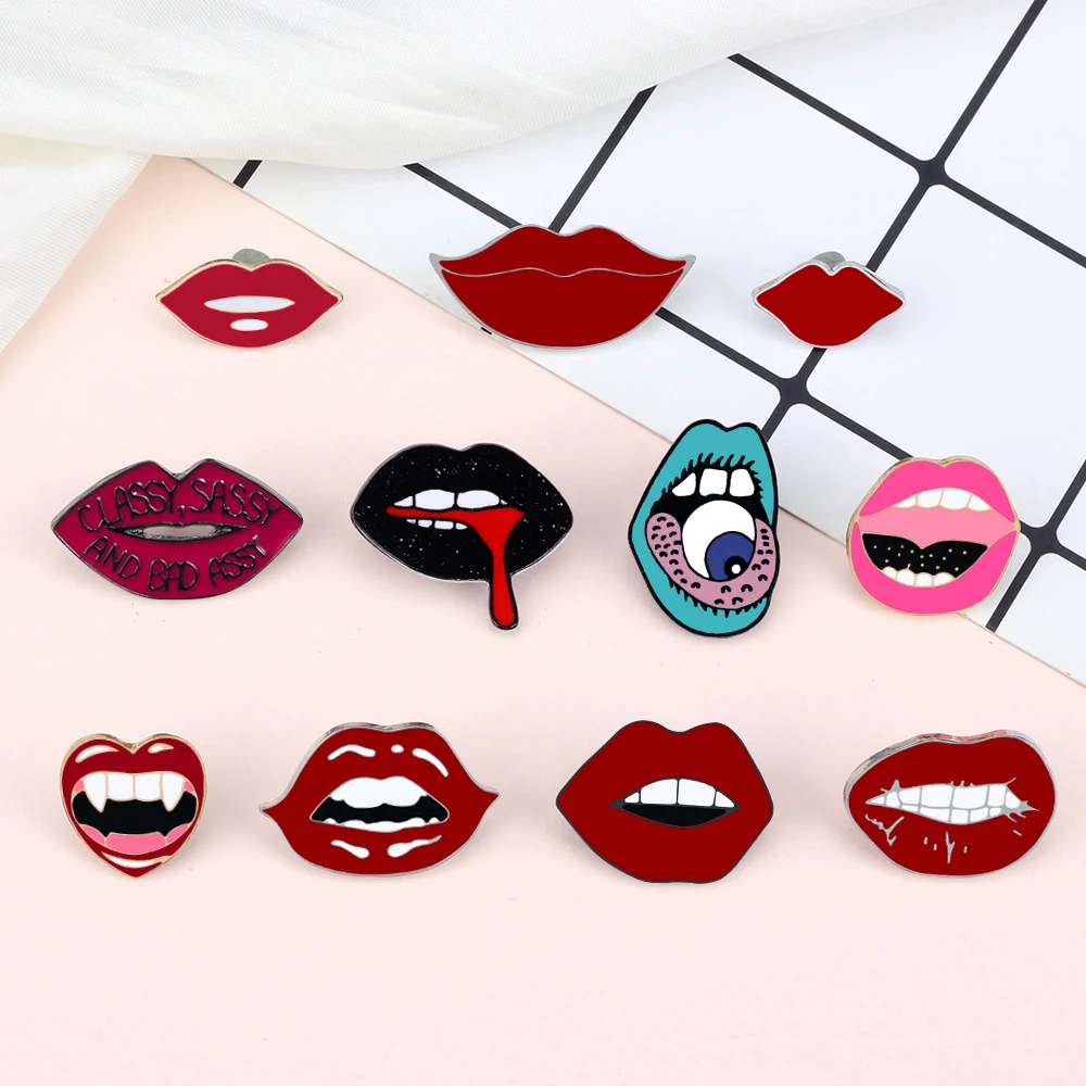 Mode beauté lèvres Sexy broche Punk gothique Vampire rouge lèvre épinglettes dessin animé créatif chemises sac Badge pour femmes bijoux cadeaux