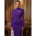 Mozision elegante dolcevita manica lunga Sexy Maxi vestito per le donne maglia viola scava fuori