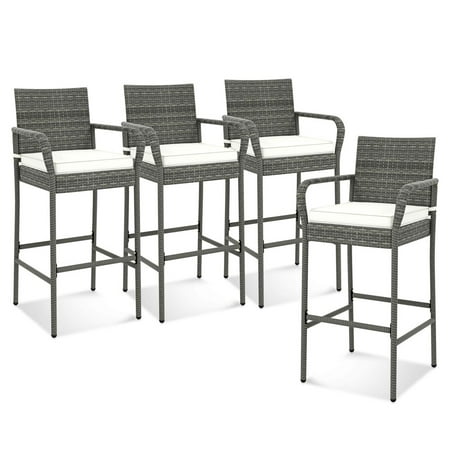 Costway 4PCS Patio PE Wicker Bar Chairs Counter Height Barstools With Armrests &Cushions