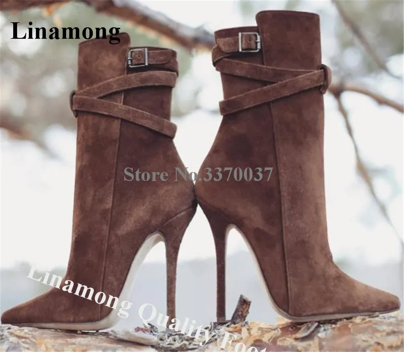 Linamong Qualität Spitz Wildleder Stiletto Ferse Kurze Stiefel Braun Ankle Straps Schnallen High Heel Ankle Booties Party Kleid Ferse Image