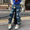 Harajuku Gestickte Patches Gerade Denim Hosen für Männer Hip Hop Gewaschene Jeans Y2k Schwarz Blau Patchwork Zerrissene Jeans Baggy Männer