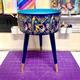 Art deco bed side table, navy blue, gold and pink bird design. Bedroom nightstand, colourful bedside end table. Taller legs with drawer