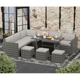 LHBcraft 7 Piece Patio Furniture Set Outdoor Furniture Patio Sectional Sofa All Weather PE Rattan Outdoor Sectional with Beige Cushions and Table Grey Wicker