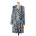 Tiny Casual Dress - DropWaist V Neck Long sleeves: Blue Floral Dresses - Women's Size X-Small