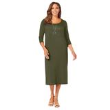 Plus Size Women's Knit T-Shirt Dress by Jessica London in Dark Olive Green (Size 20 W) Stretch Jersey 3/4 Sleeves