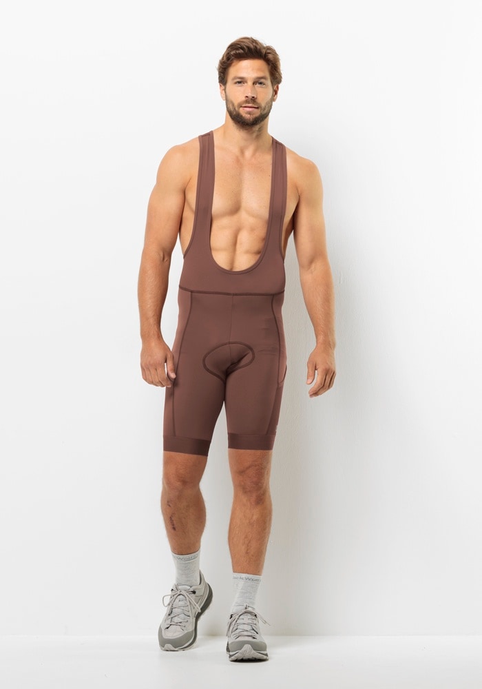 Fahrradhose JACK WOLFSKIN "MOROBBIA BIB SHORTS M", Herren, Gr. L (52), Normalgrößen, braun (schwarz, rust), Obermaterial: 80% Polyamid, 20% Elasthan; Obermaterial 2: 85% Polyester, 15% Elasthan, Hosen Fahrradhose