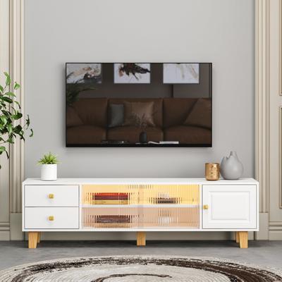 Modern 65-inch TV Console with LED Light Belt, Sliding Door, and Fashionable Design, Ample Storage and Remote Control