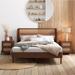 Walnut 3-Pieces Bedroom Sets Rattan Queen Platform Bed w/ 2 Nightstand