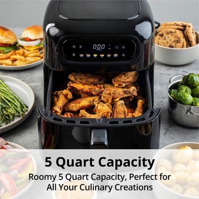 Aria 5Qt Air Fryer Compact Design with 6-In-1 Cooking Presets and Colorful Menu Icons