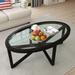 Oval End Table Clear Tempered Glass Top Coffee Table with Solid Wood Base for Living Room Accent Center Table