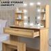 Vanity Desk with Mirror and LED Lights, Natural Wooden Dressing Table with Stool and Rattan Drawer