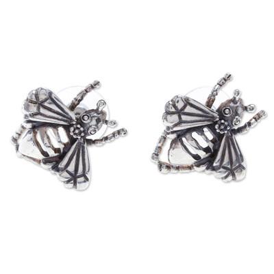 Openwork Bee,'Sterling Silver Bee Button Earrings Crafted in Mexico'