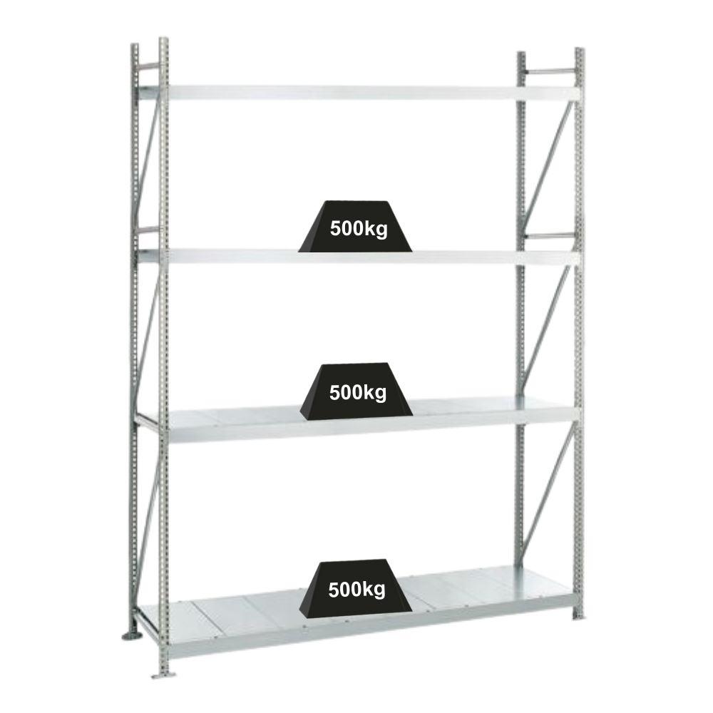 PROREGAL Weitspannregal mit Stahlpaneelen WS 3000 | Grundregal | HxBxT 250x150x80cm | 4 Ebenen | Fachlast 500kg | Verzinkt Image