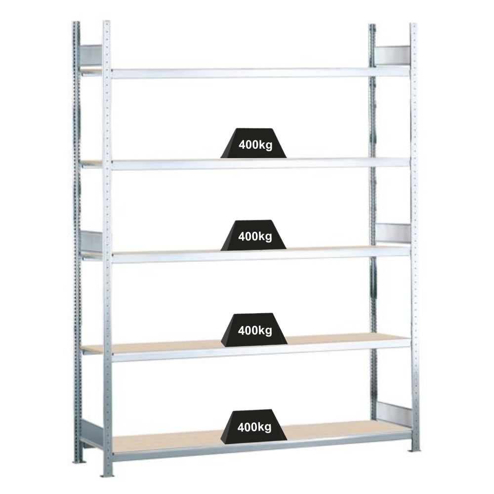 PROREGAL Weitspannregal mit Spanplatten WS 2000 | Grundregal | HxBxT 300x150x40cm | 5 Ebenen | Fachlast 400kg | Verzinkt