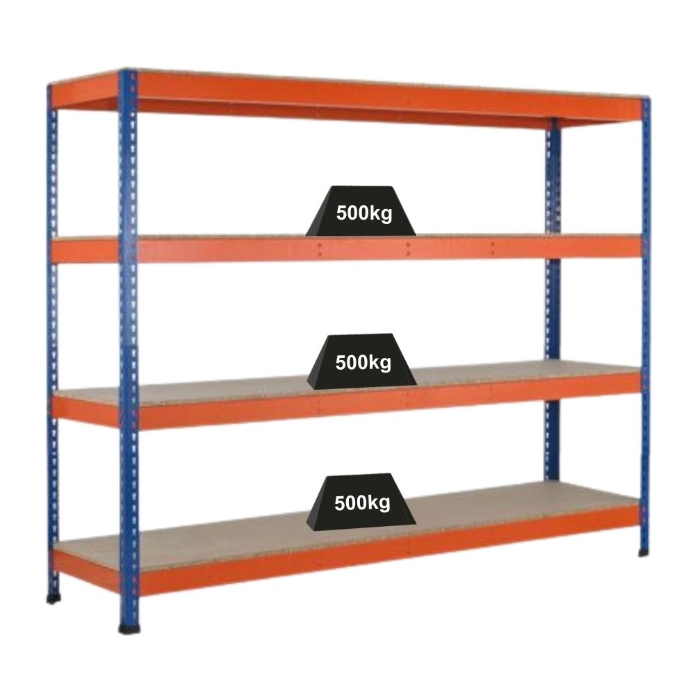 PROREGAL Weitspannregal mit Spanplatten Z1 | HxBxT 198x245x92,6cm | 4 Ebenen | Fachlast 500kg | Blau/Orange/Verzinkt Image