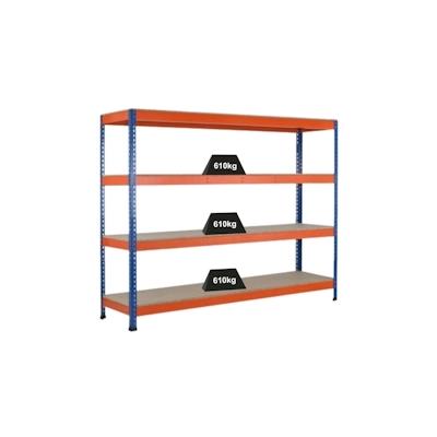 PROREGAL Weitspannregal mit Spanplatten Z1 | HxBxT 3048x184x47cm | 4 Ebenen | Fachlast 610kg | Blau/Orange/Verzinkt Image