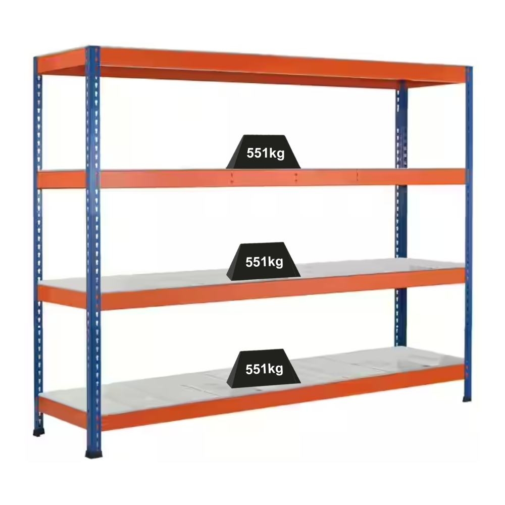 PROREGAL Weitspannregal mit Stahlpaneelen Z1 | HxBxT 304,8x184x47cm | 4 Ebenen | Fachlast 551kg | Blau/Orange/Verzinkt Image