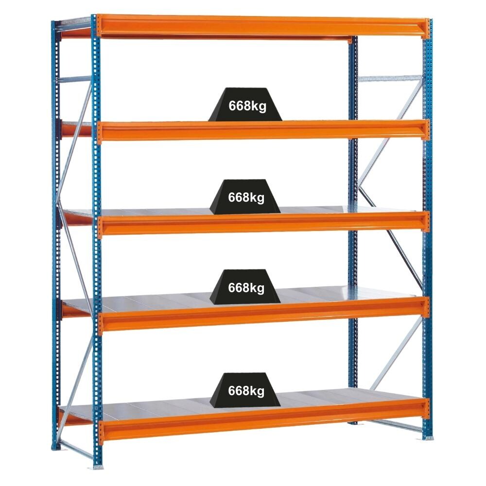 PROREGAL Weitspannregal mit Stahlpaneelen W 100 | Grundregal | HxBxT 300x214x120cm | 5 Ebenen | Fachlast 668 kg | Blau/Orange/Verzinkt Image
