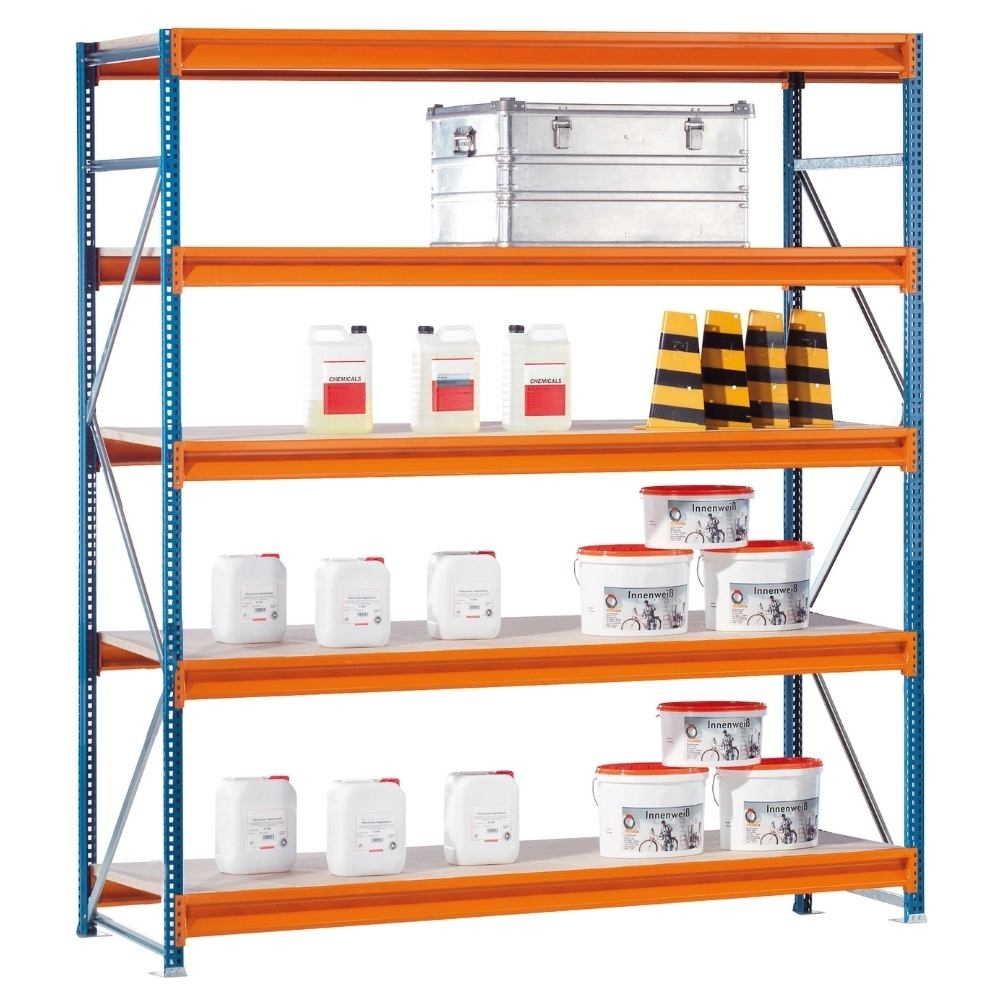 PROREGAL Weitspannregal mit Spanplatten W 100 | Grundregal | HxBxT 300x250x120cm | 5 Ebenen | Fachlast 1015 kg | Blau/Orange/Verzinkt Image