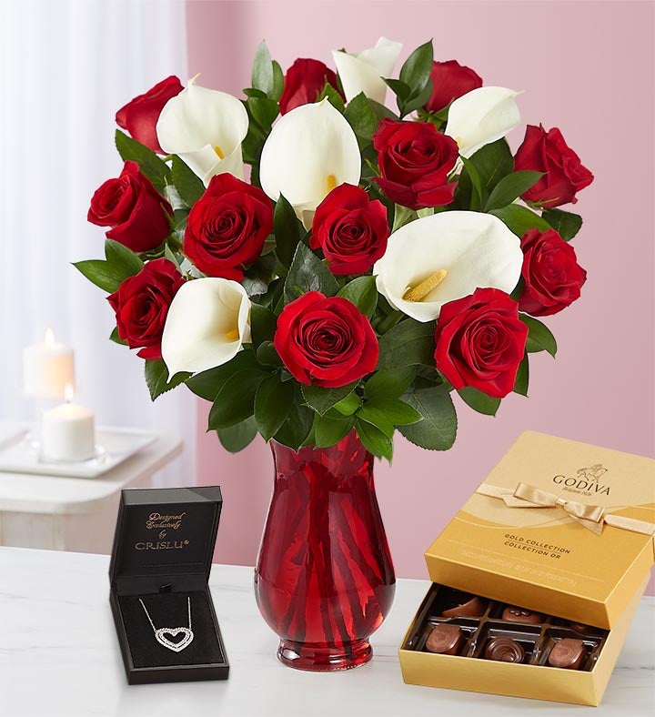 1-800-Flowers Flower Delivery Red Rose & Calla Lily Bouquet W/ Red Vase, Necklace & Godiva Chocolate