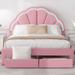 Full Size PlatformUpholstered Bed w/ Petal Shaped Headboard,Kids Wood Bed Frame w/ LED Light & 2 Drawers for Girls Boys