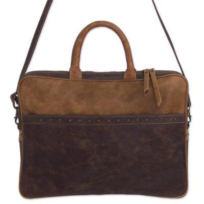 Cyber Bohemian,'Mexican Leather Brown Laptop Case with Multiple Pockets'