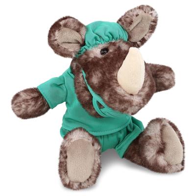 DolliBu Sitting Brown Rhino Doctor Plush with Scrub Uniform and Cap - 5.5 inches