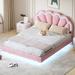 Pink Velvet Upholstered Floating Smart Led Platform Bed: Flower Headboard